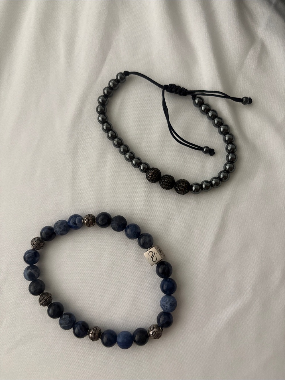 Men's Hematite and Blue Stone Beaded Bracelets - Stackable Set